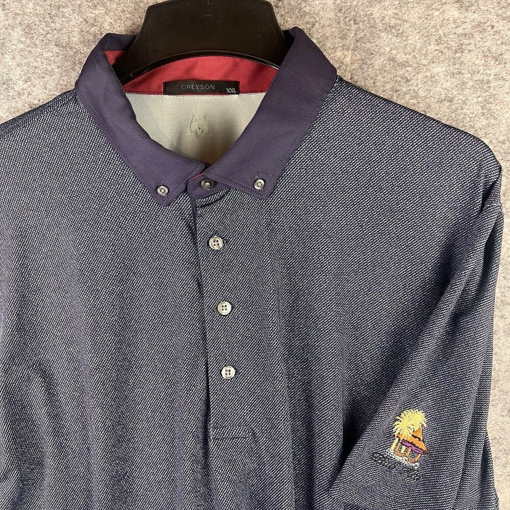Greyson Performance Polo Blue/w Purple Collar Size XXL Hit On Right Sleeve